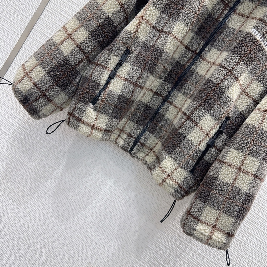 MIU MIU チェック ファー ファージャケット | ブラック ブラウン ホワイト - 画像 4