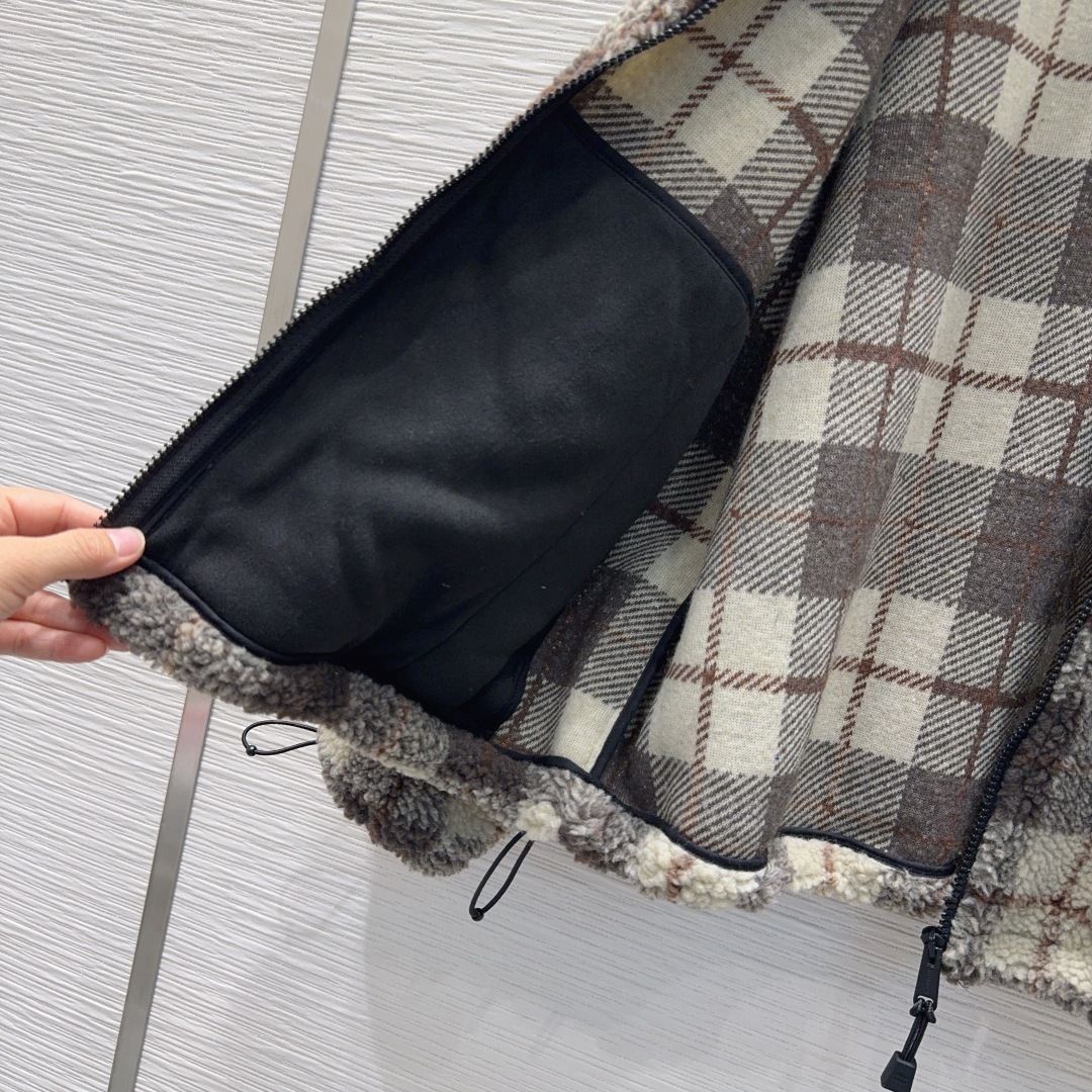 MIU MIU チェック ファー ファージャケット | ブラック ブラウン ホワイト - 画像 8