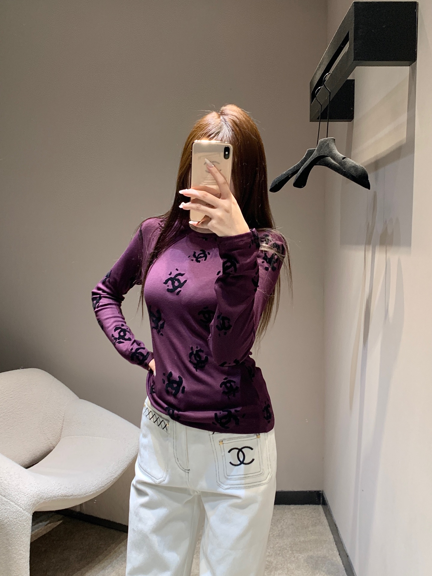 CHANEL 190 Chane 25B 双C植绒长袖Tシャツ パープル 弾性ニット素材 - 画像 1