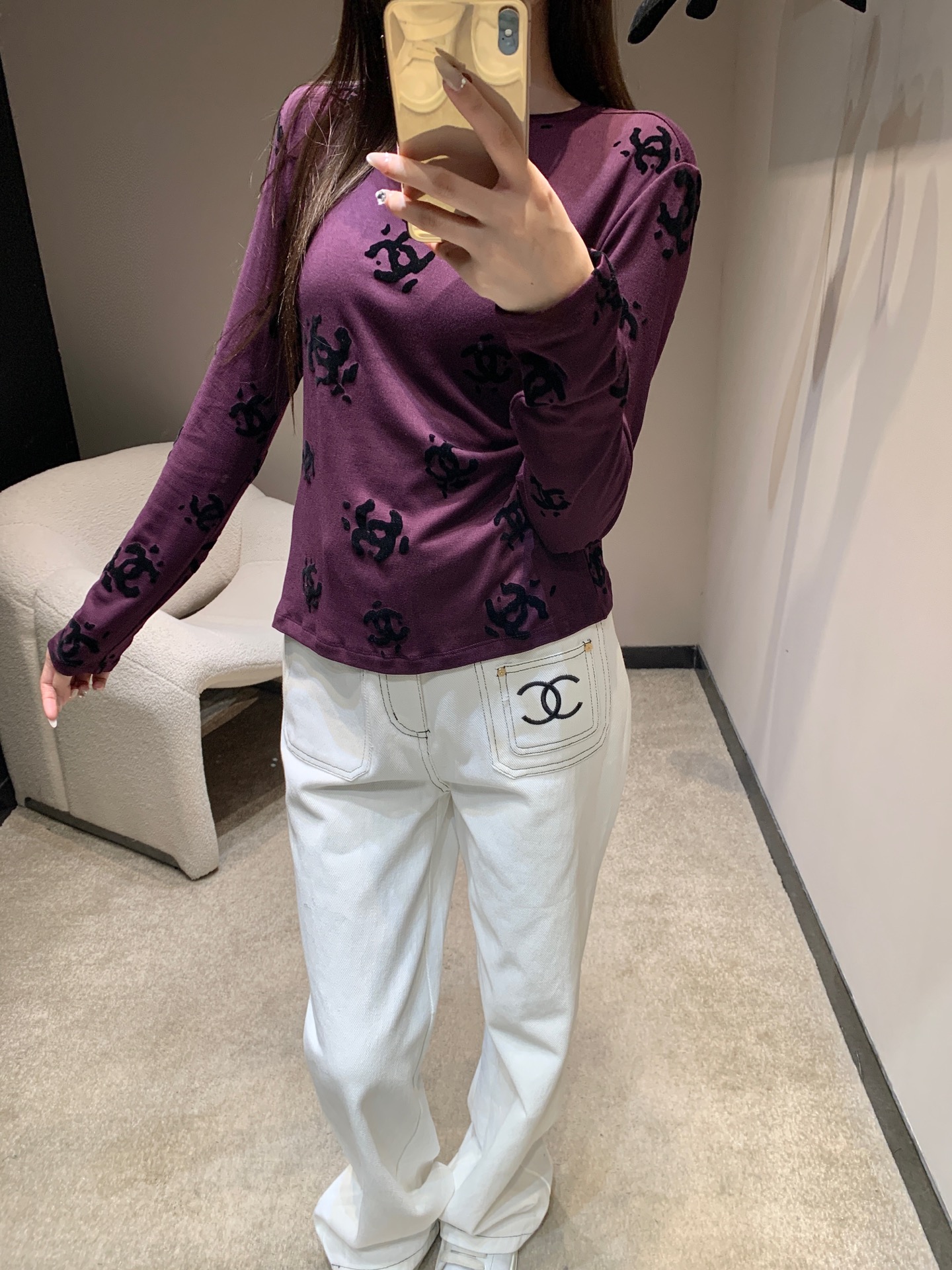 CHANEL 190 Chane 25B 双C植绒长袖Tシャツ パープル 弾性ニット素材 - 画像 2