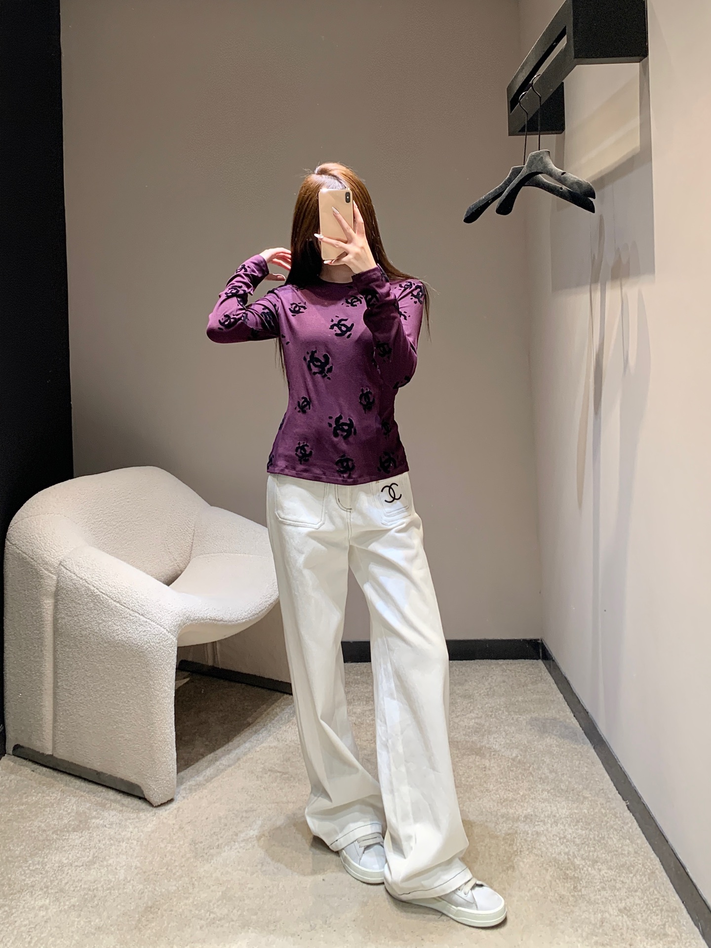 CHANEL 190 Chane 25B 双C植绒长袖Tシャツ パープル 弾性ニット素材 - 画像 4
