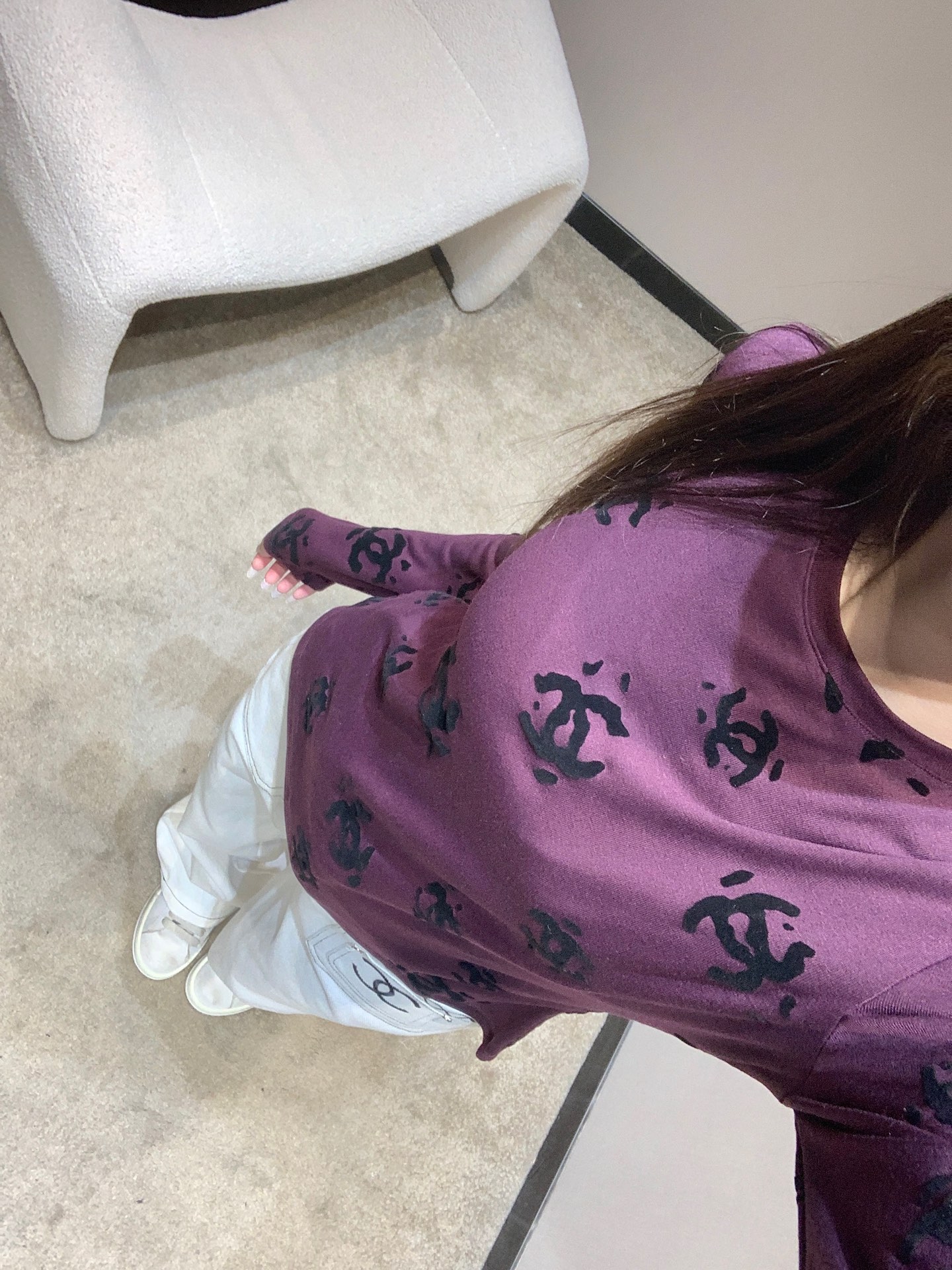CHANEL 190 Chane 25B 双C植绒长袖Tシャツ パープル 弾性ニット素材 - 画像 5