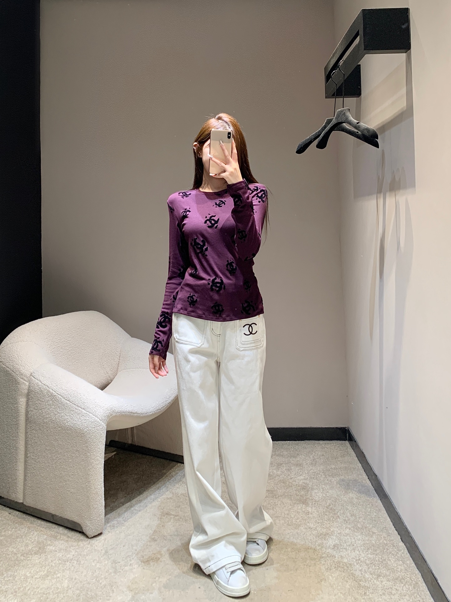 CHANEL 190 Chane 25B 双C植绒长袖Tシャツ パープル 弾性ニット素材 - 画像 6