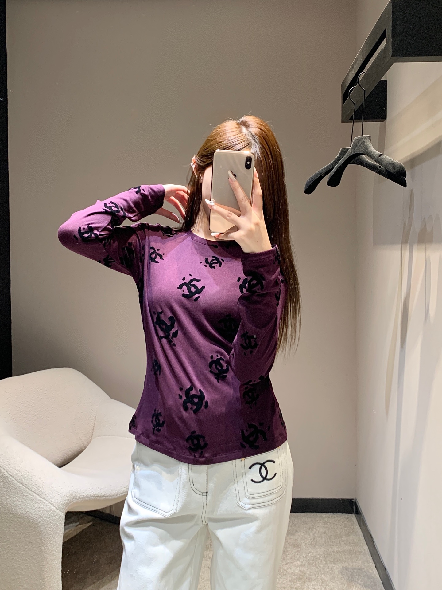 CHANEL 190 Chane 25B 双C植绒长袖Tシャツ パープル 弾性ニット素材 - 画像 7