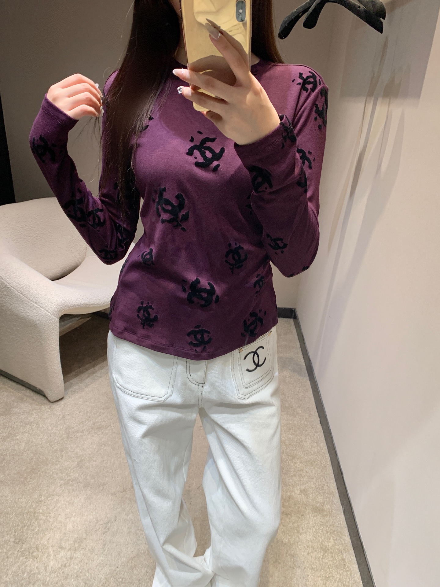 CHANEL 190 Chane 25B 双C植绒长袖Tシャツ パープル 弾性ニット素材 - 画像 8