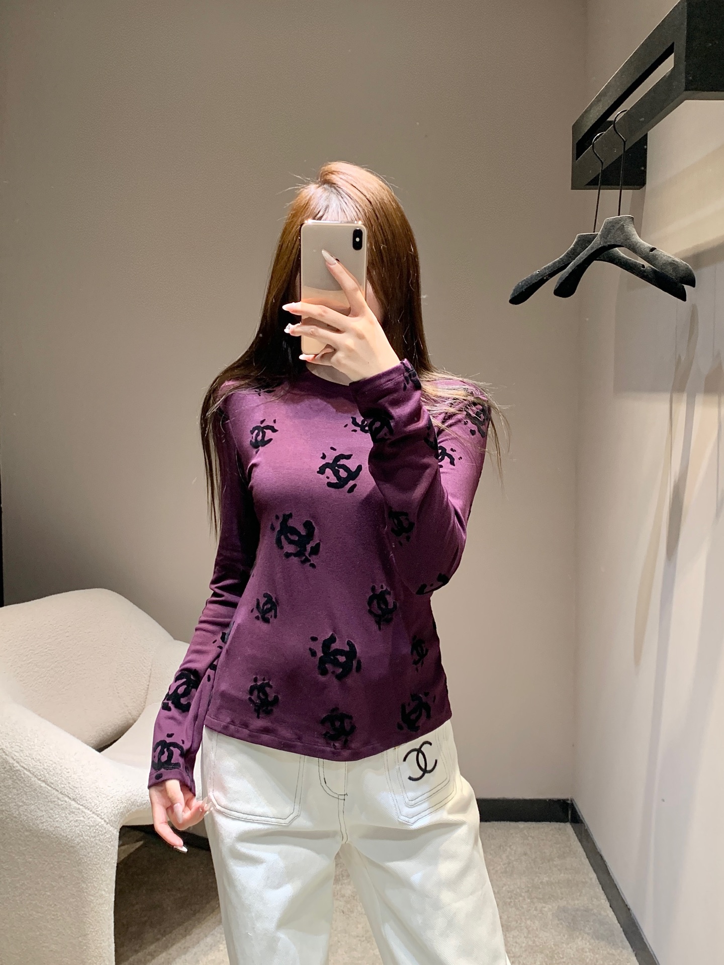 CHANEL 190 Chane 25B 双C植绒长袖Tシャツ パープル 弾性ニット素材 - 画像 9