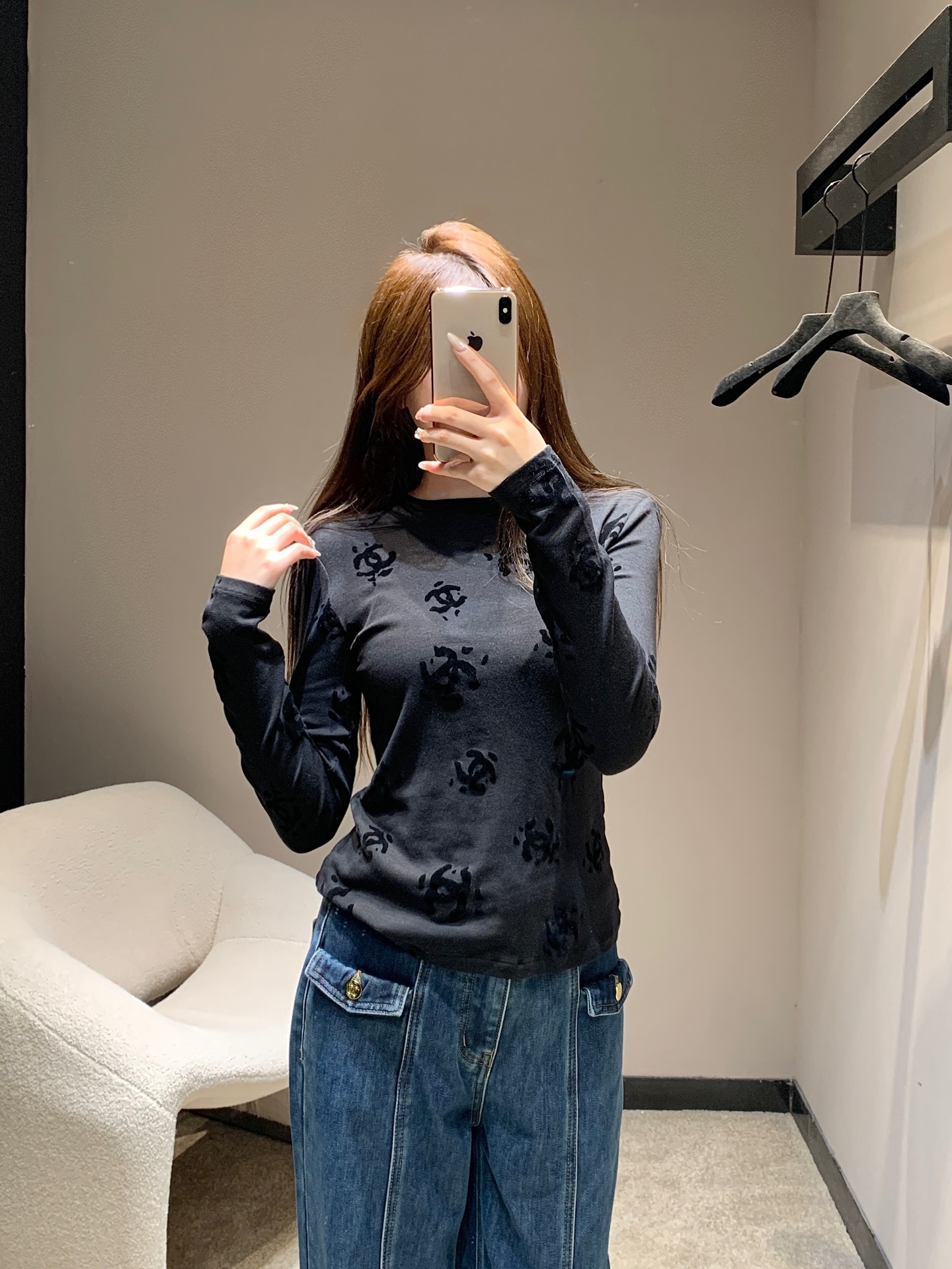 190 Chane 25B ロゴ入り デニム | ワンピース ブラック ポリエステル100% - 画像 1