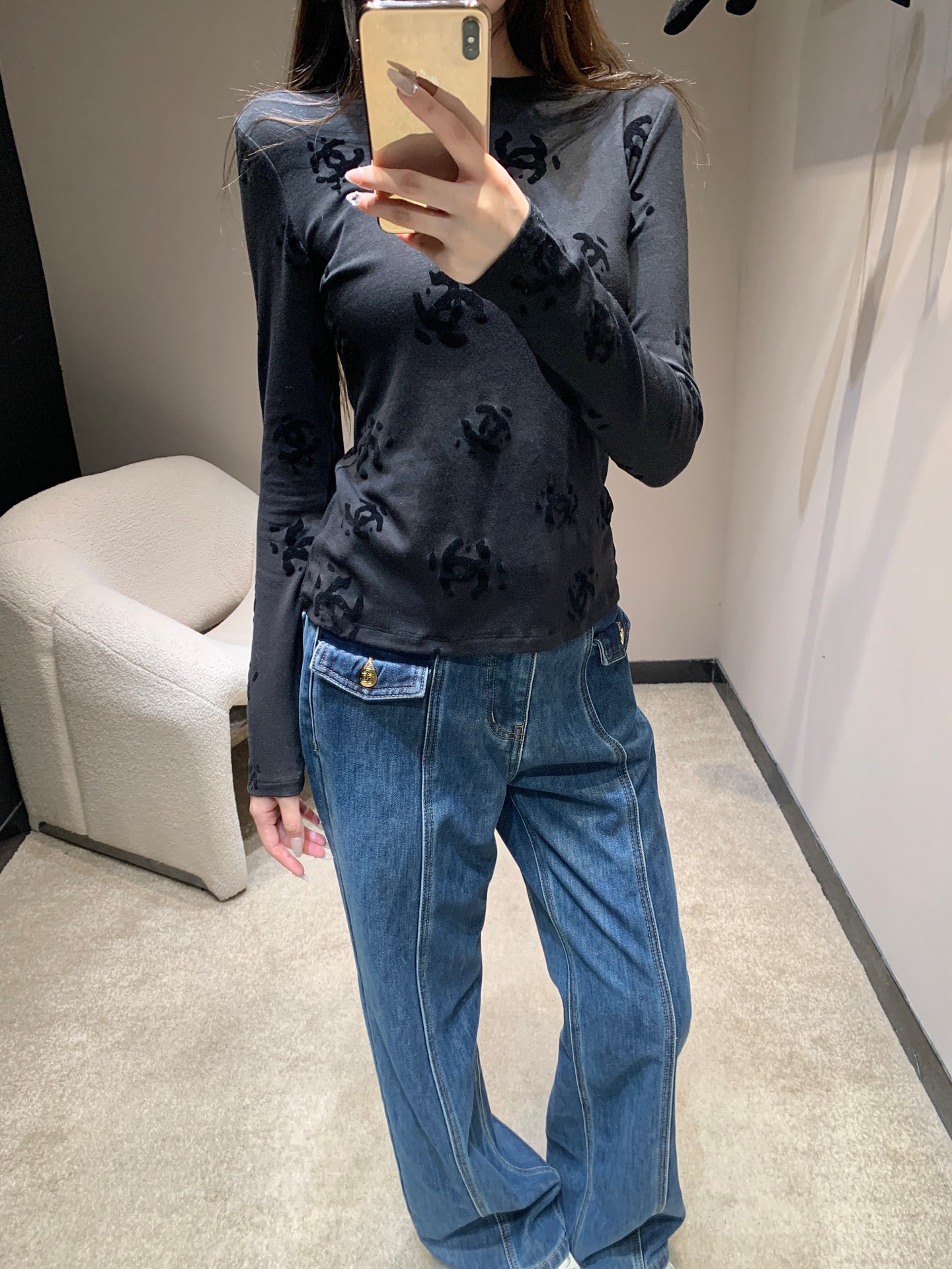 190 Chane 25B ロゴ入り デニム | ワンピース ブラック ポリエステル100% - 画像 2