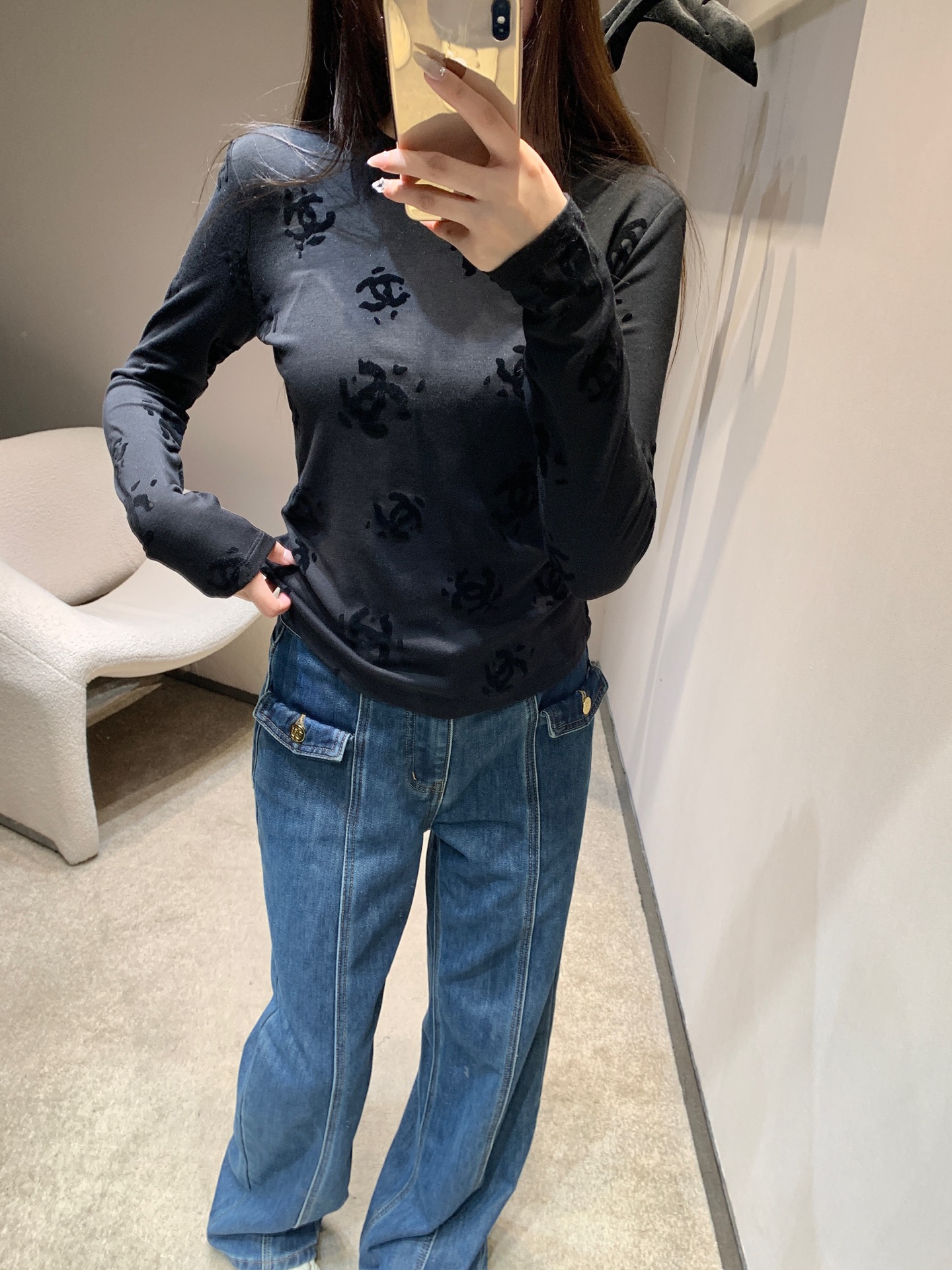 190 Chane 25B ロゴ入り デニム | ワンピース ブラック ポリエステル100% - 画像 8