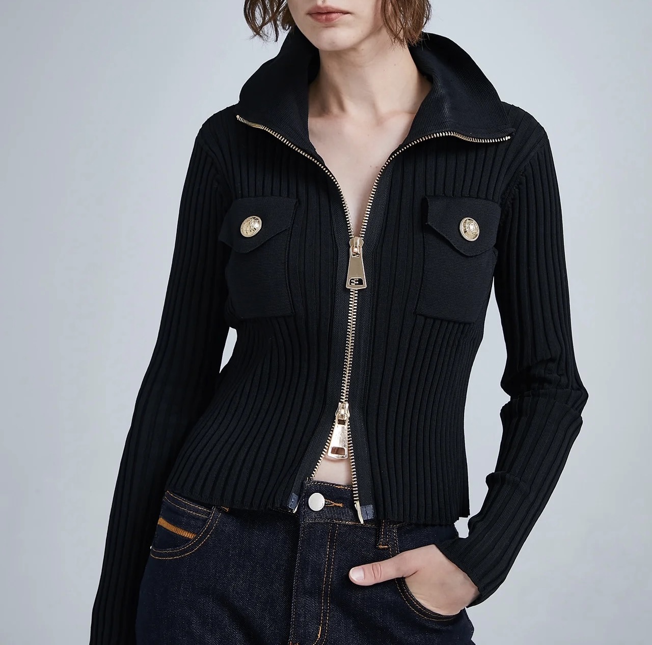 BALMAIN ニット ロングスリーブ ファスナー デザイン ブラック - 画像 8