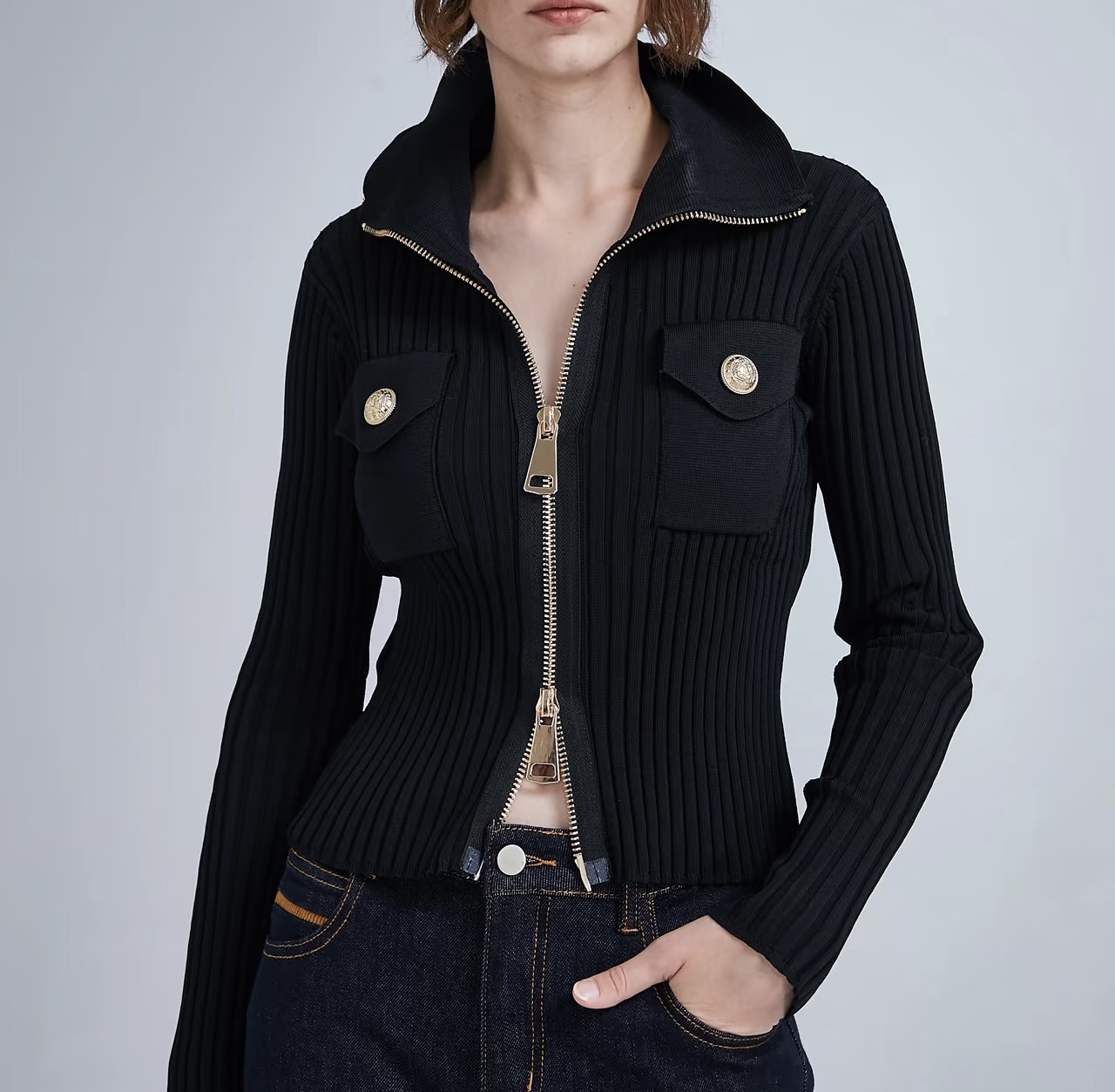 BALMAIN ニット ロングスリーブ ファスナー デザイン ブラック - 画像 9