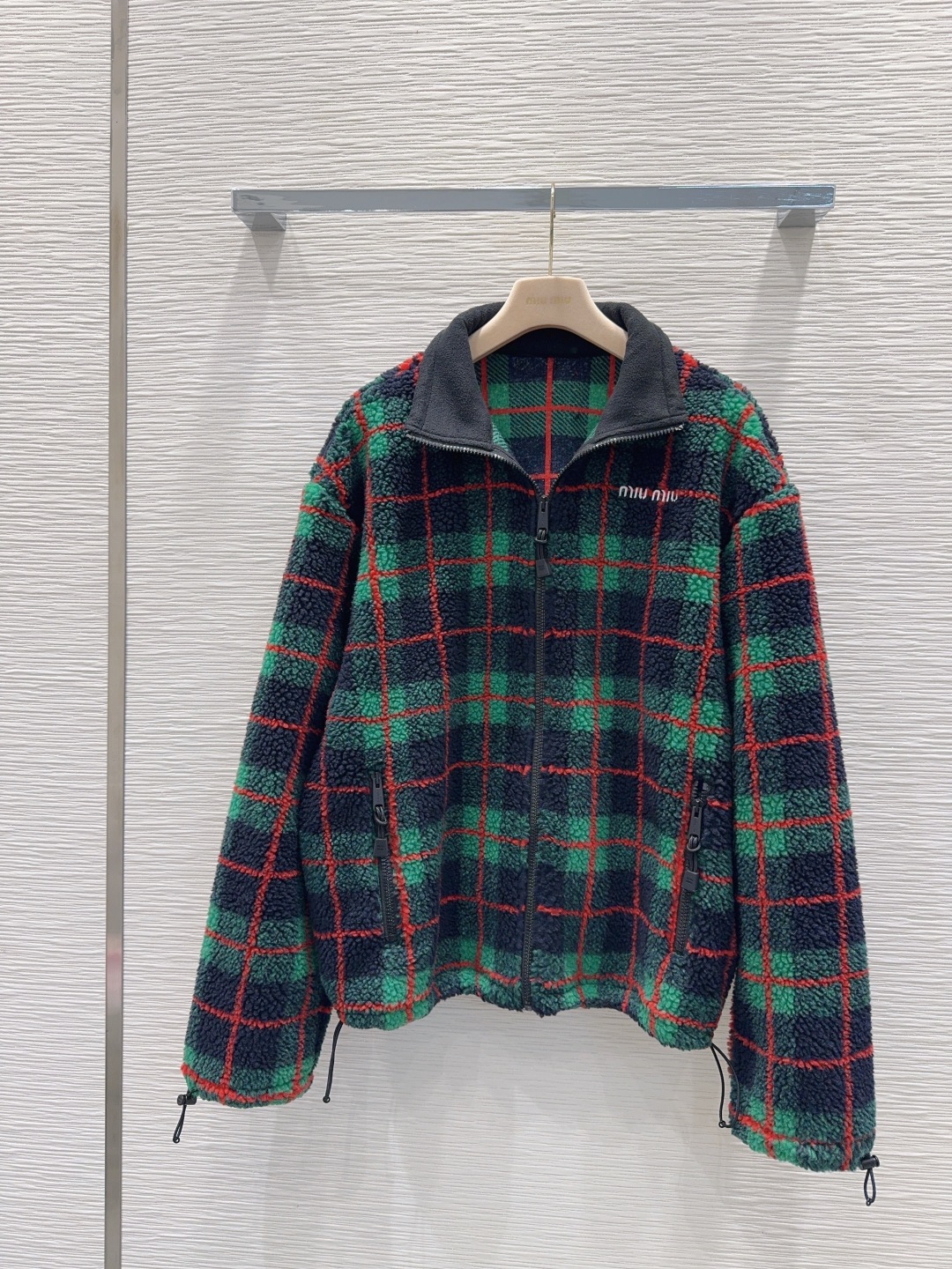 Miu Miu 2025FW フェイクファー フルジップ グレンチェック ブラック/グリーン/レッド - 画像 2