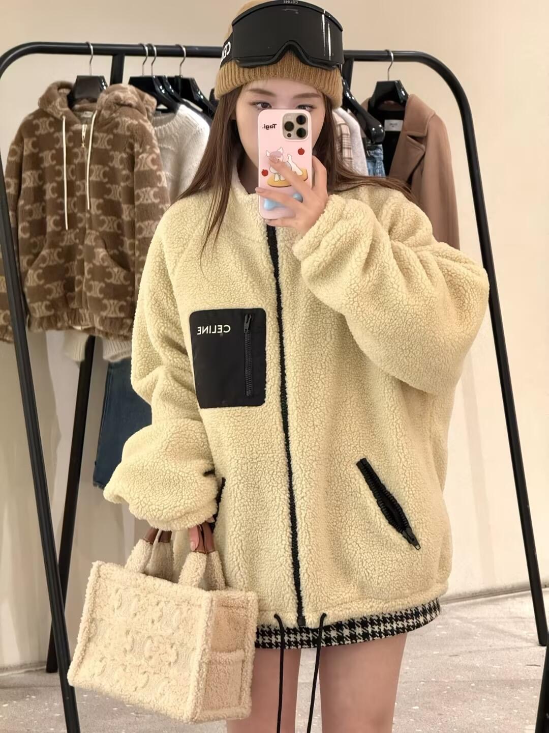 CELINE 340 Celin 25Fw ロゴポケット ファー フリース ファッション | オフホワイト/ブラック - 画像 1