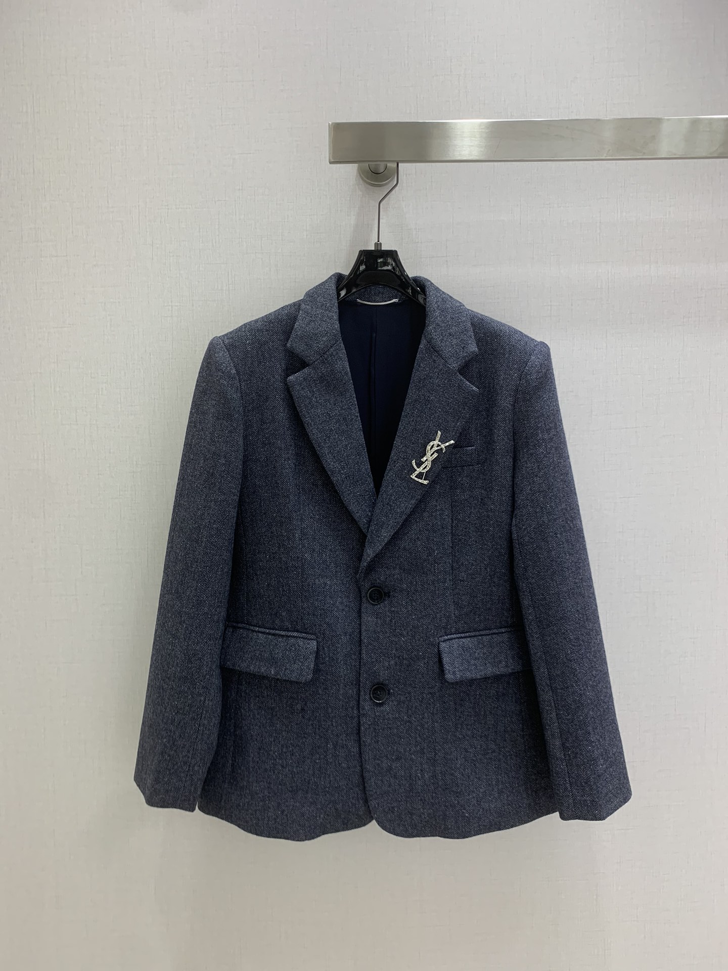 YSL 2025 メンズ ワーキングジャケット ヘリンボン柄 ブルー 60%羊毛 40%ポリエステル - 画像 1