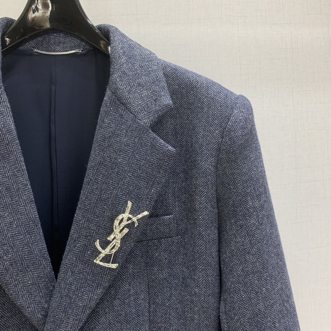 YSL 2025 メンズ ワーキングジャケット ヘリンボン柄 ブルー 60%羊毛 40%ポリエステル - 画像 3