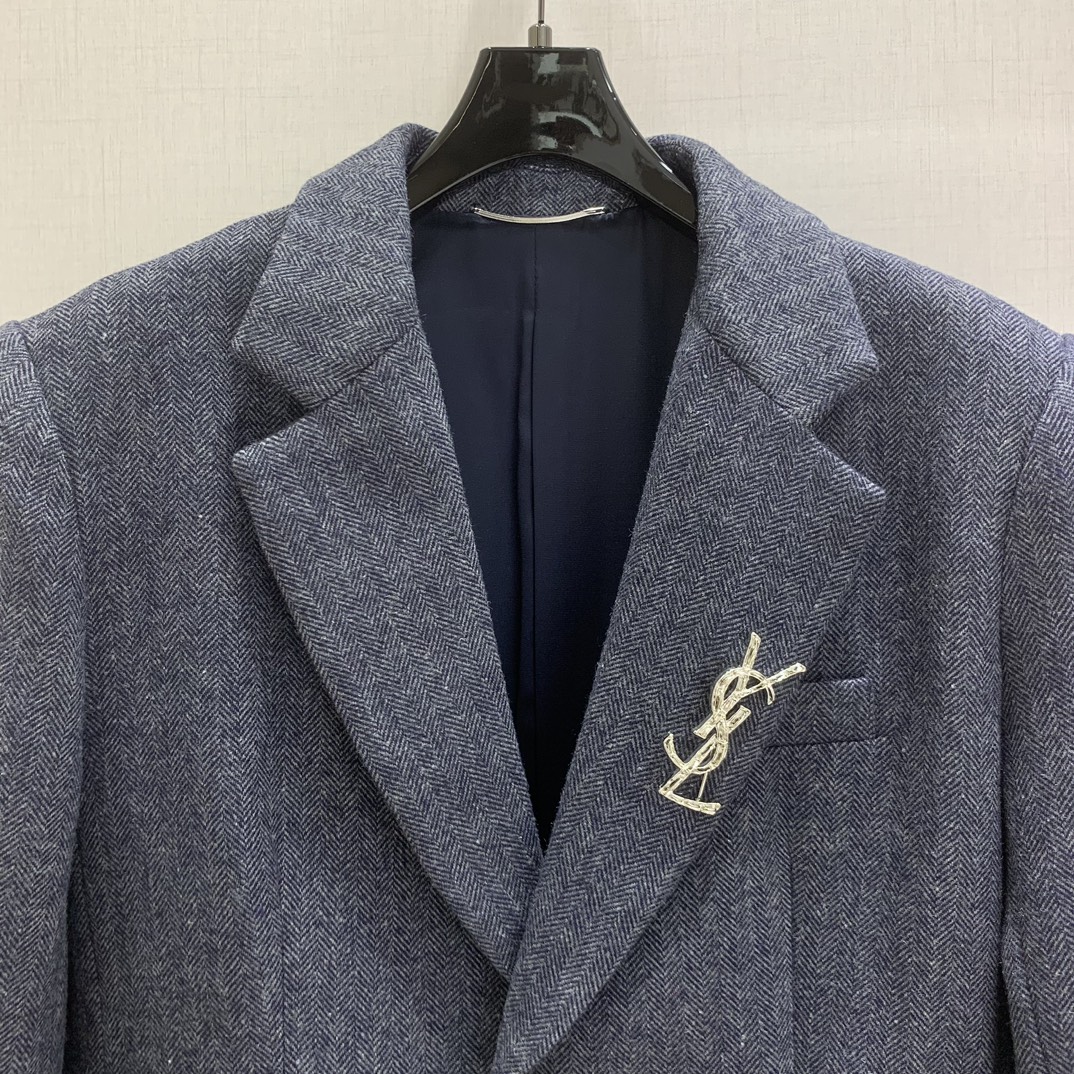 YSL 2025 メンズ ワーキングジャケット ヘリンボン柄 ブルー 60%羊毛 40%ポリエステル - 画像 4