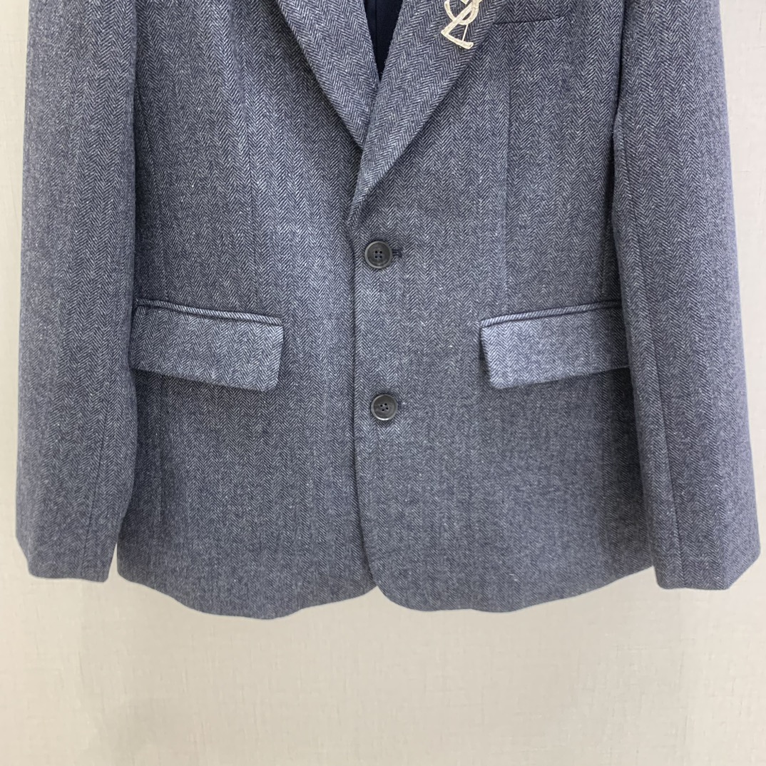 YSL 2025 メンズ ワーキングジャケット ヘリンボン柄 ブルー 60%羊毛 40%ポリエステル - 画像 5