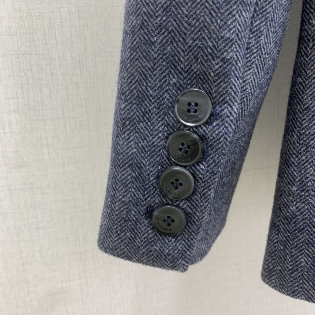 YSL 2025 メンズ ワーキングジャケット ヘリンボン柄 ブルー 60%羊毛 40%ポリエステル - 画像 6