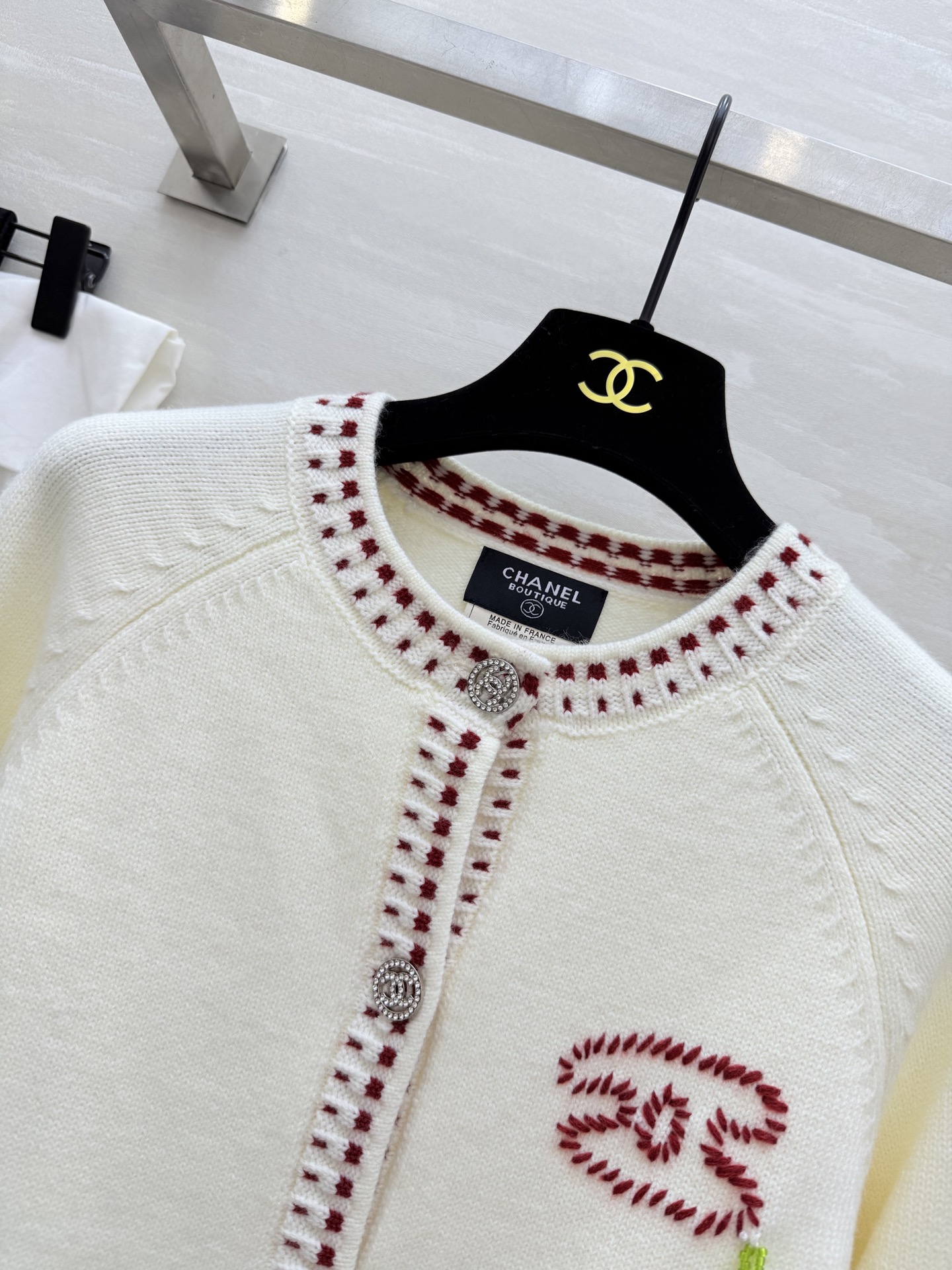 CHANEL 430 Chane2 ファッションカーディガン チェリーデザイン レッド ウール サイズ363840 - 画像 2