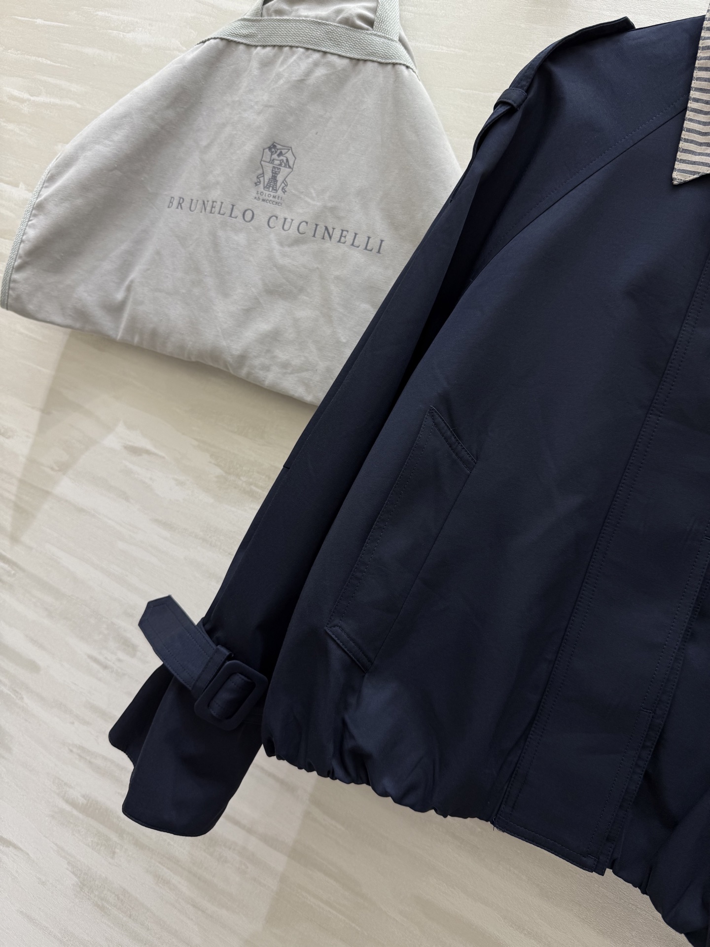 BRUNELLO CUCINELLI 440 フェイク2トーン ロングコート ストライプ襟 ブルー - 画像 3