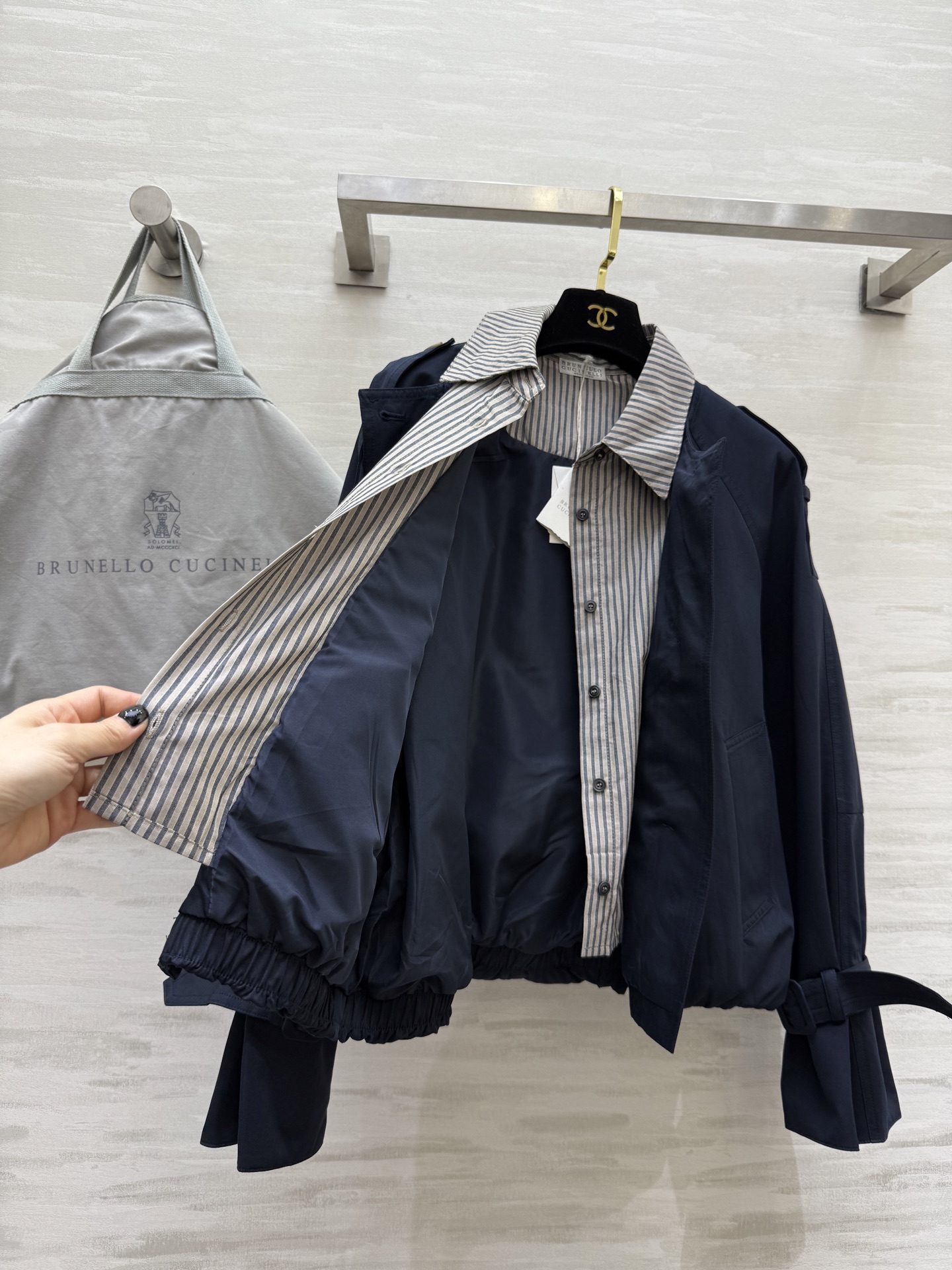 BRUNELLO CUCINELLI 440 フェイク2トーン ロングコート ストライプ襟 ブルー - 画像 8