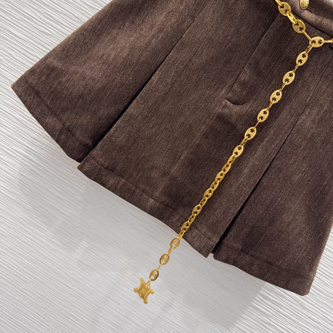 CELINE 510 Celin 2025FW スーツセット ブラウン プリーツスカート 2WAY | ポリエステル63% リヨセル30% レイヨン5% スパンデックス3% - 画像 5