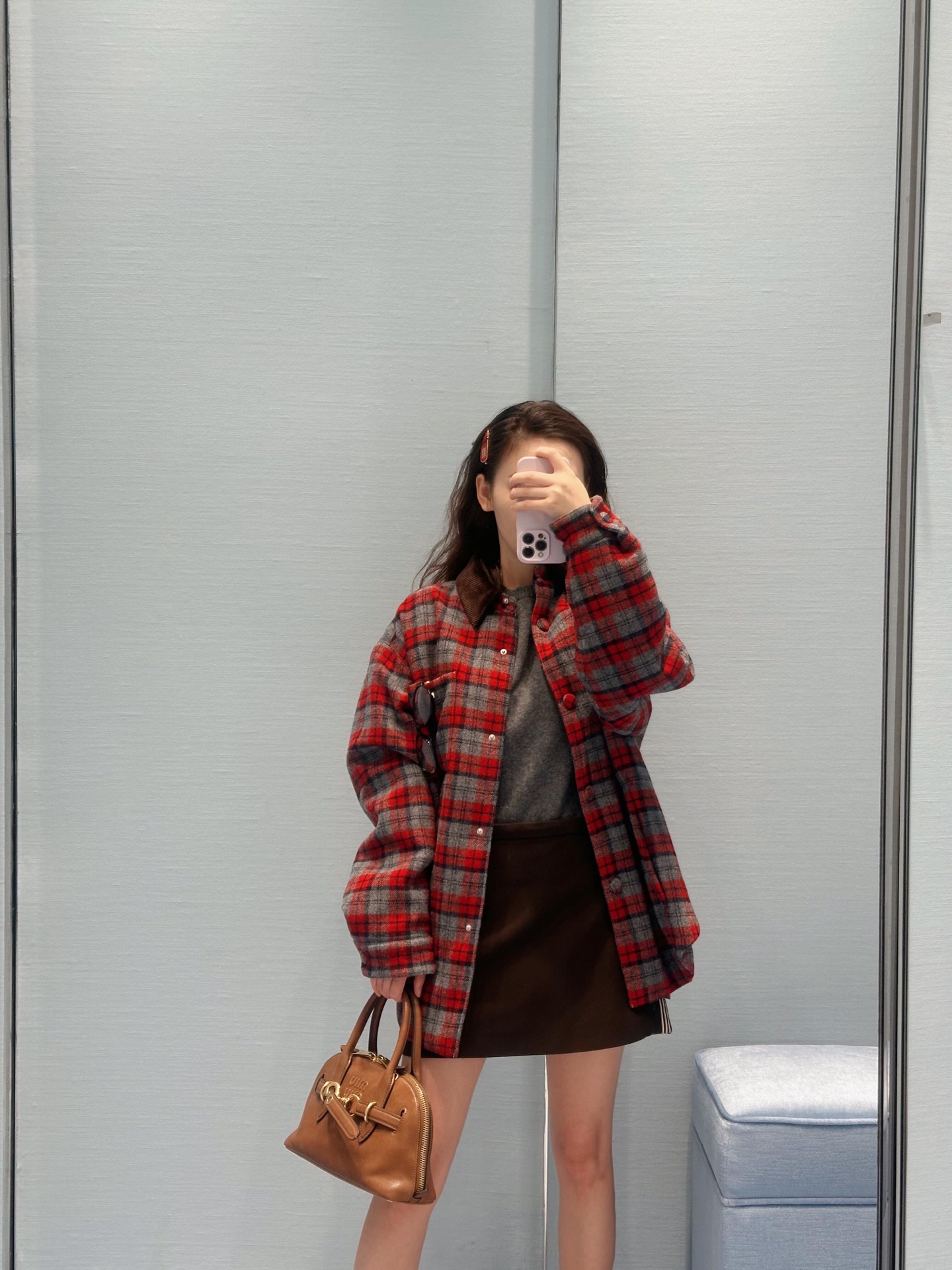 MIUMI 530 25FW秋冬 新作 レッドチェック シャツスタイル ダウンジャケット 棕褐色灯芯绒 フリーサイズ | SML - 画像 8