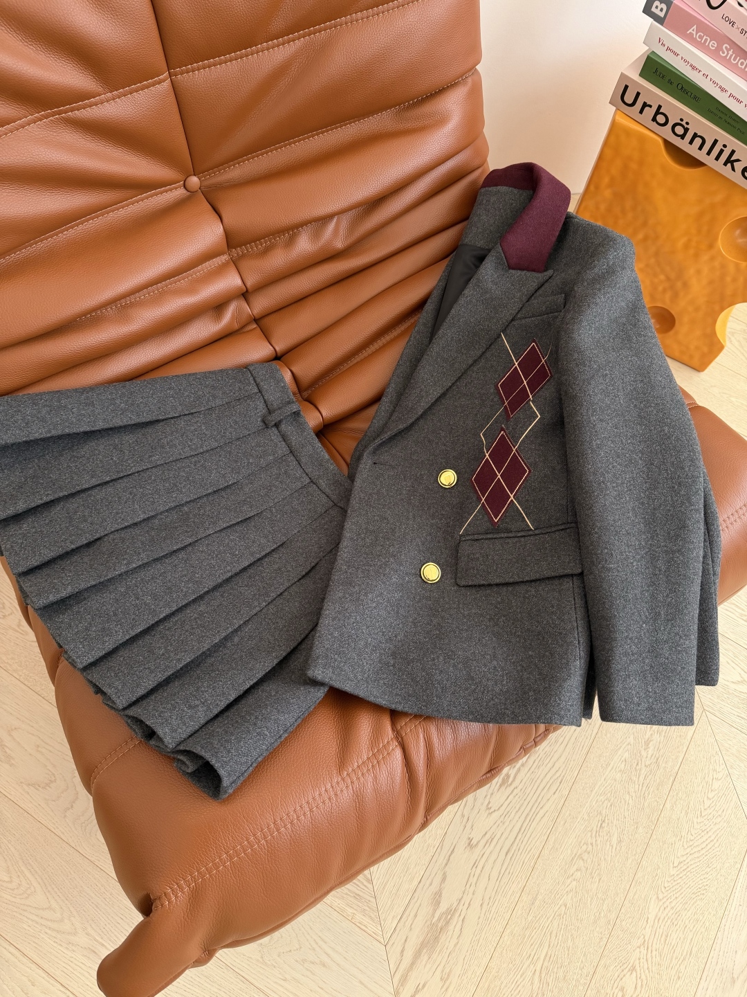 560 レトロ ファッション 25秋冬 ダブルブレスト プリーツスカート ウール ボルドー刺繍 グレー | ファッションセット - 画像 6