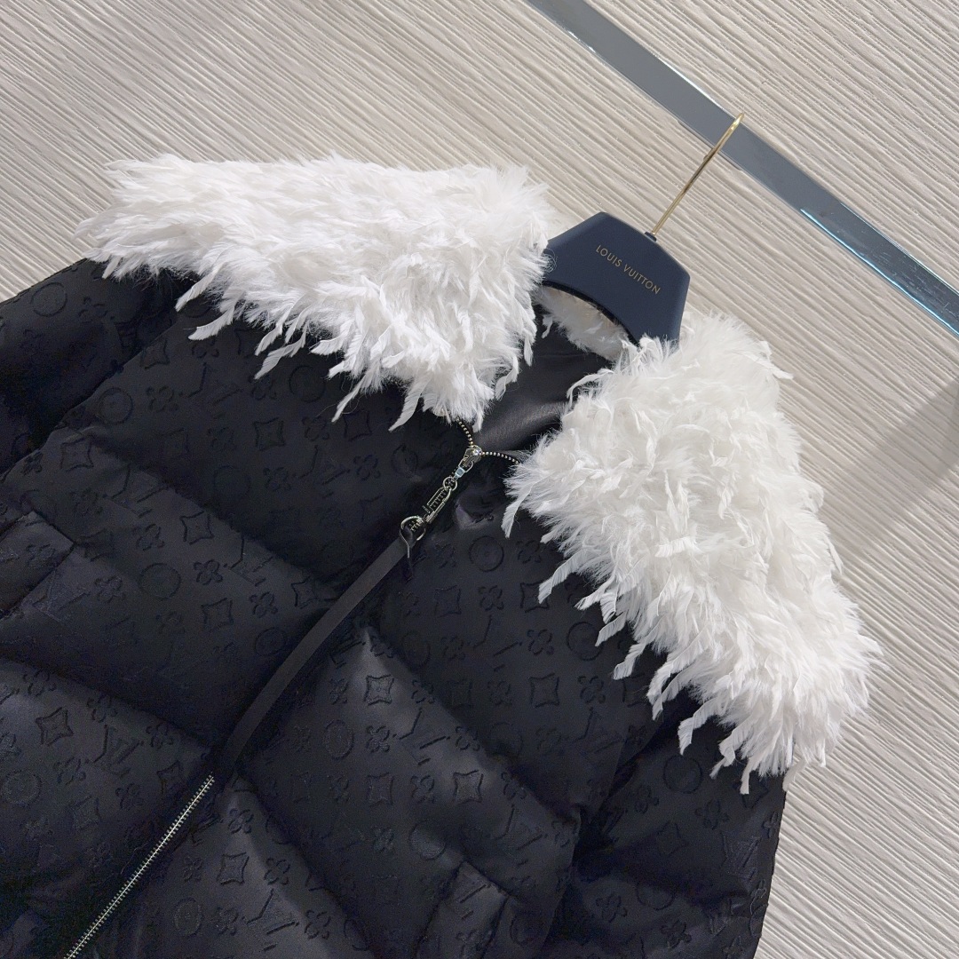 ルイ・ヴィトン 610 ファー襟ニット ブラック | 2025FW 新作 ミリタリーバルブ フェルト インサート ロゴプリント ファイバー素材 ショートジャケット 保暖性抜群 2Way サイズSML - 画像 3
