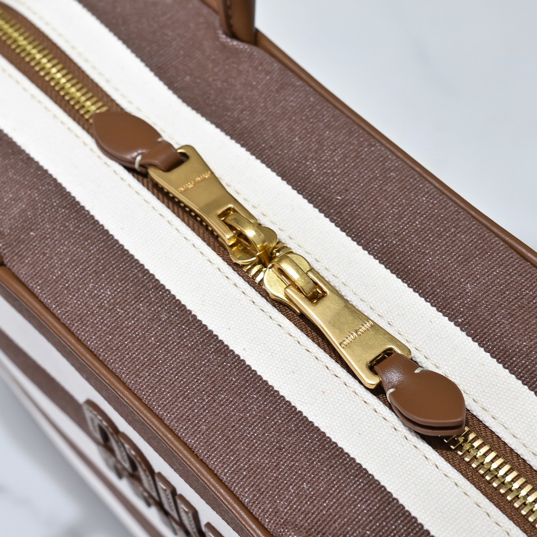 MiuMiu 5BB117 ブラウンストライプ トートバッグ キャンバス ブラウン - 画像 5