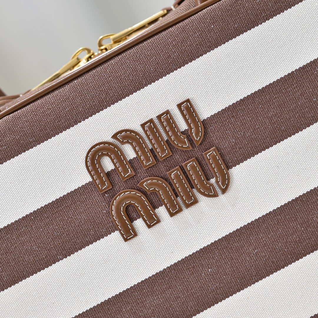 MiuMiu 5BB117 ブラウンストライプ トートバッグ キャンバス ブラウン - 画像 6