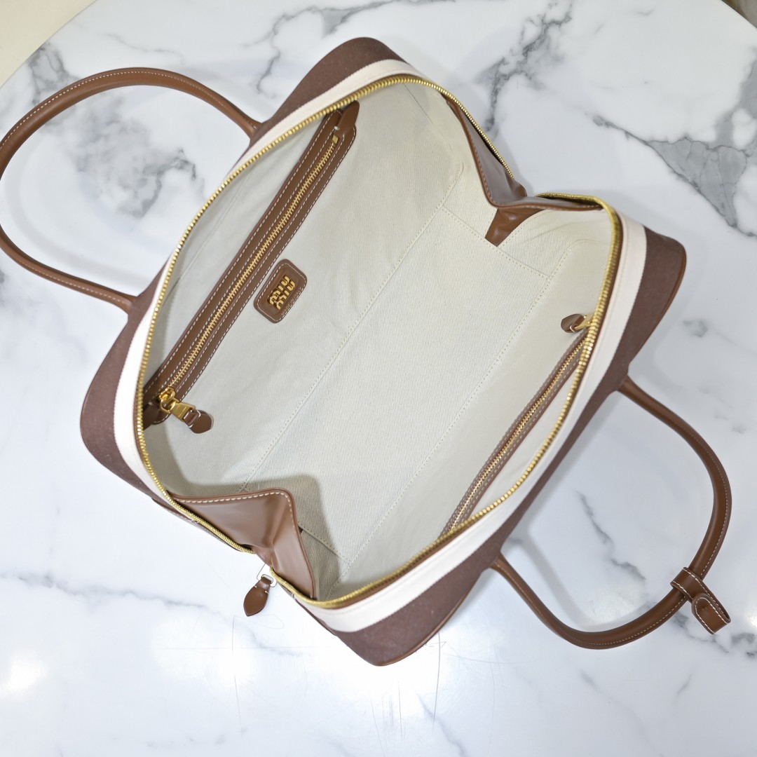 MiuMiu 5BB117 ブラウンストライプ トートバッグ キャンバス ブラウン - 画像 9