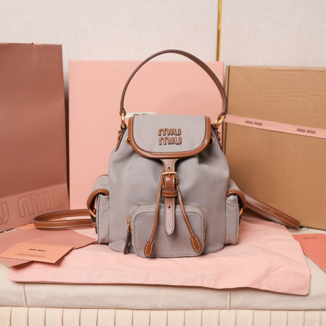 Miu Miu バッグ キャンバス ミニバック レザー 合成皮革 ブラウン ライトグレー