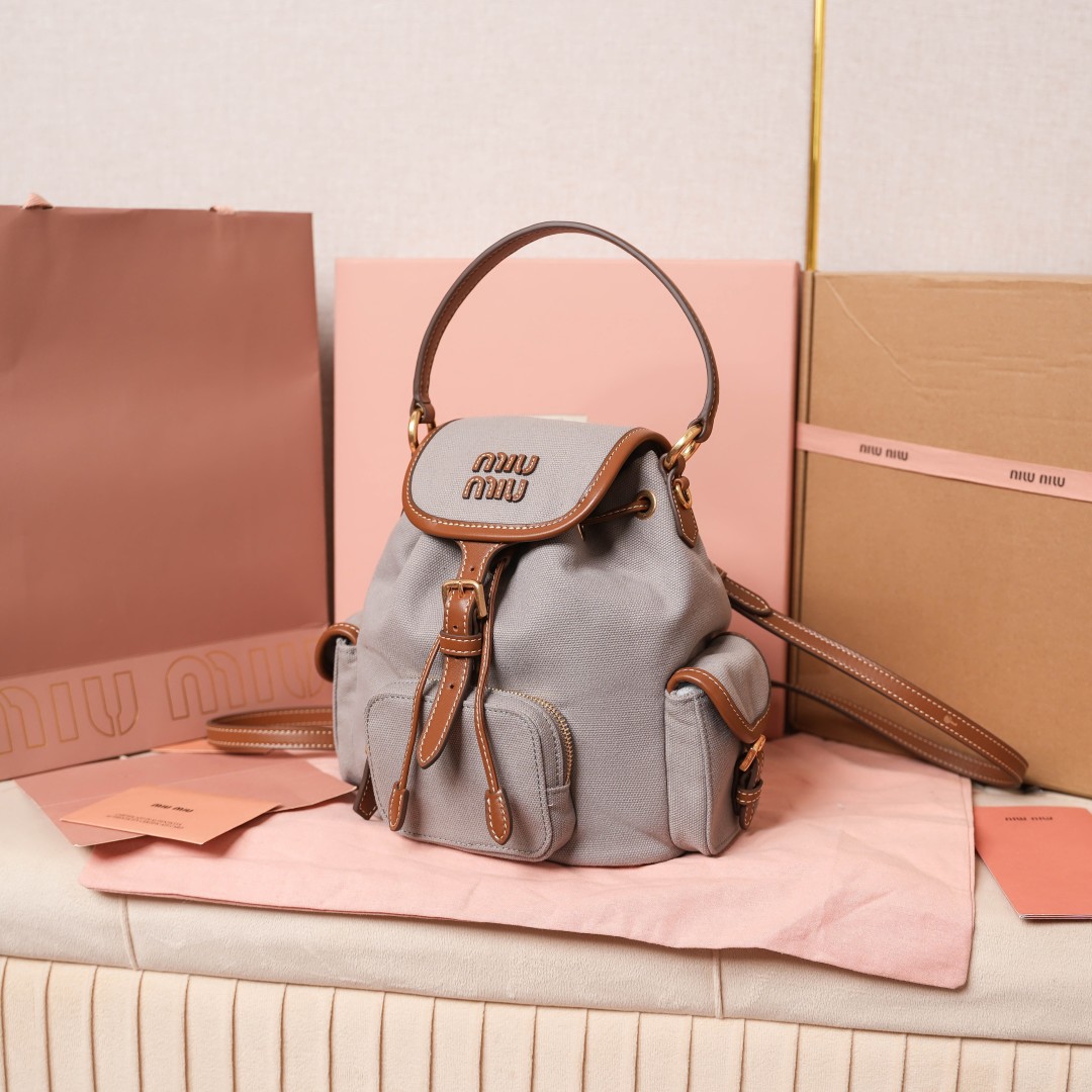 Miu Miu バッグ キャンバス ミニバック レザー 合成皮革 ブラウン ライトグレー - 画像 2
