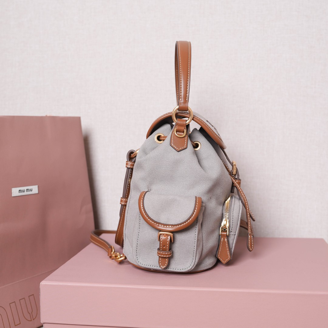 Miu Miu バッグ キャンバス ミニバック レザー 合成皮革 ブラウン ライトグレー - 画像 3