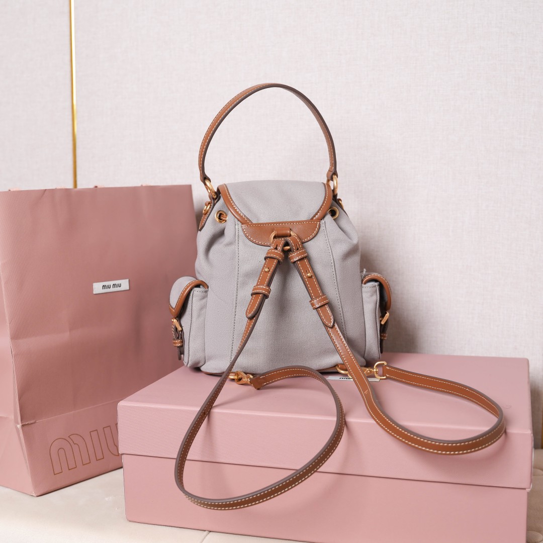 Miu Miu バッグ キャンバス ミニバック レザー 合成皮革 ブラウン ライトグレー - 画像 4