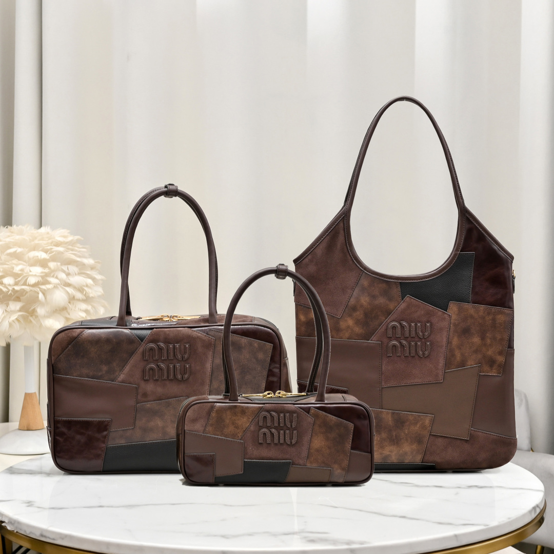 MIU MIU ハンドバッグ コンパクト パッチワーク ブラウン