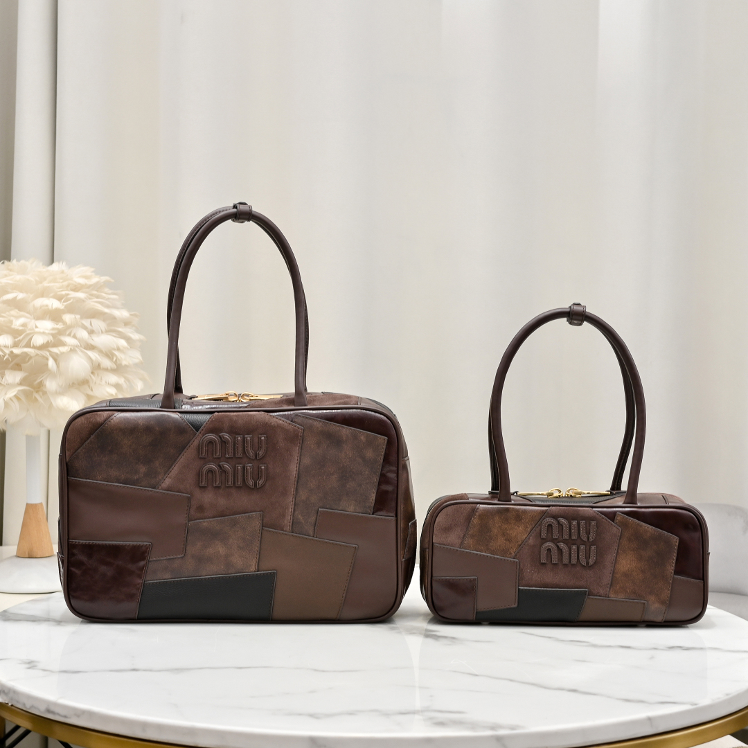 MIU MIU ハンドバッグ コンパクト パッチワーク ブラウン - 画像 2