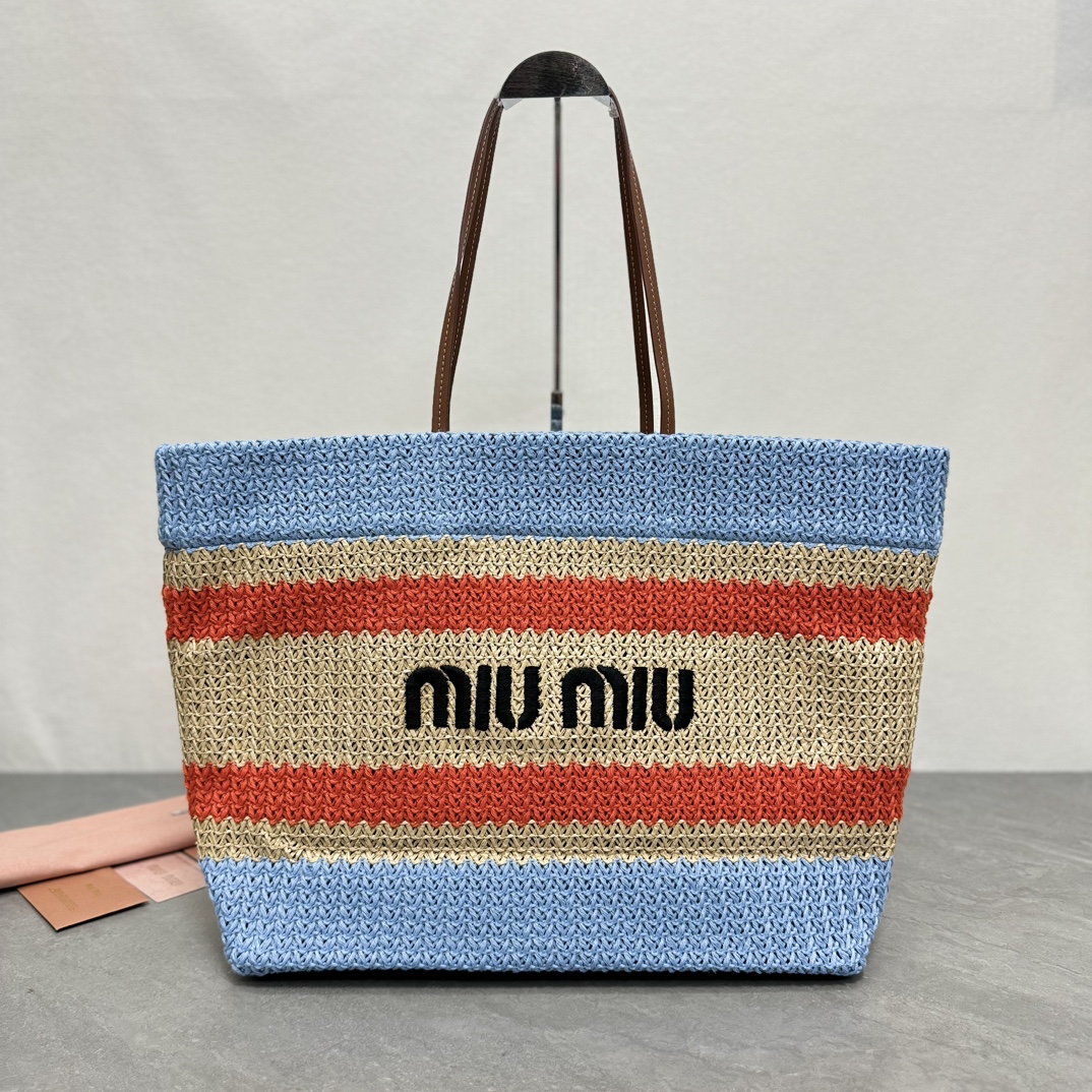 Miu Miu ミュウミュ ワイドトートバッグ | ストライプ ランニングライン カラー:ブルー|素材:ポリエステル・レザー