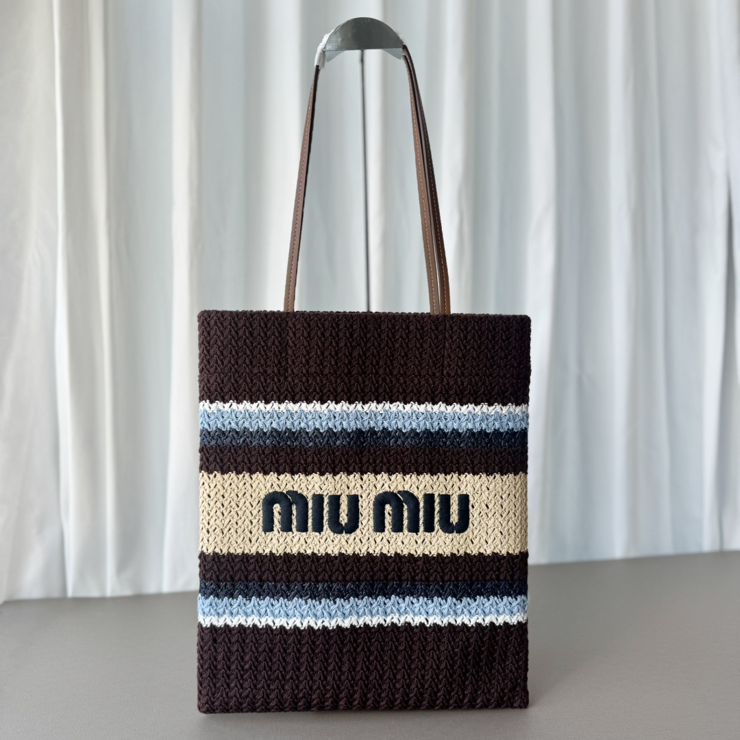 Miu Miu ミュウミュ ロゴトートバッグ ナチュラル ブラウン|ストライプ柄 トートバッグ