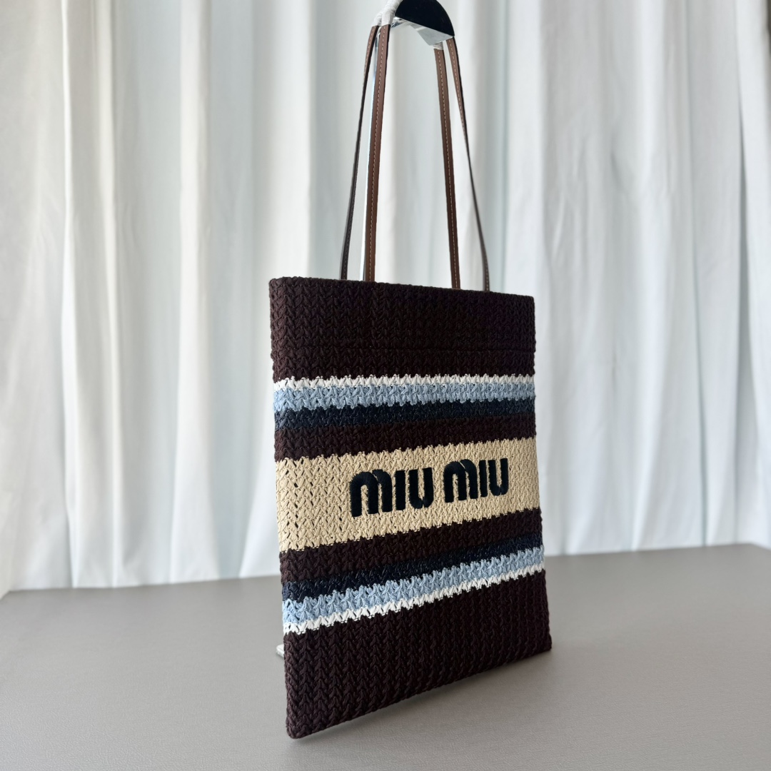 Miu Miu ミュウミュ ロゴトートバッグ ナチュラル ブラウン|ストライプ柄 トートバッグ - 画像 3