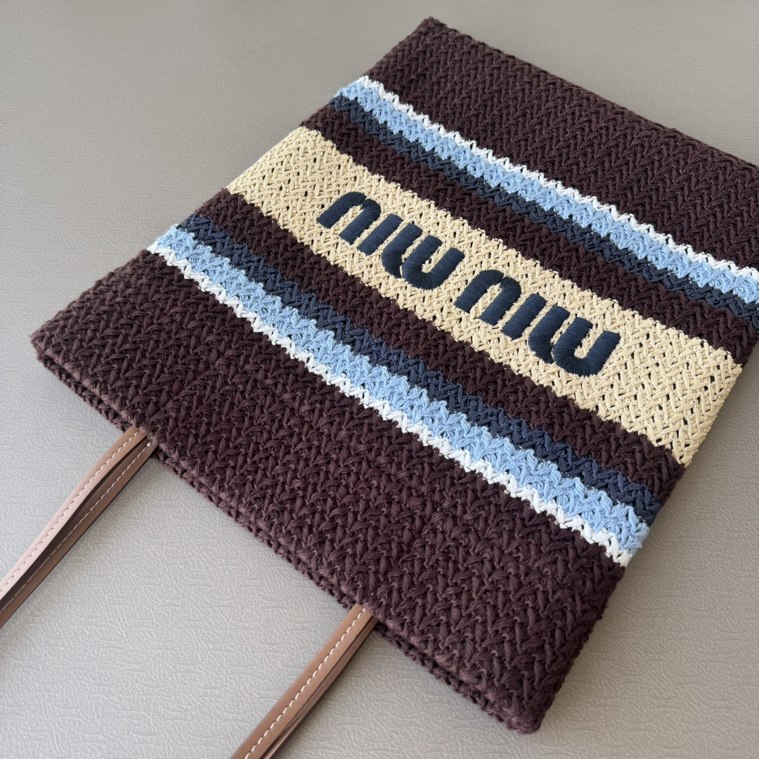 Miu Miu ミュウミュ ロゴトートバッグ ナチュラル ブラウン|ストライプ柄 トートバッグ - 画像 5