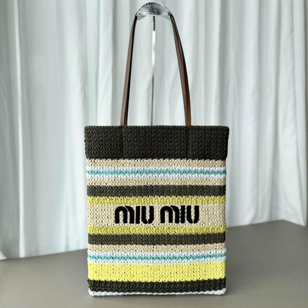 MIU MIU ハンドバッグ | ストライプ柄|レザー|黄緑系