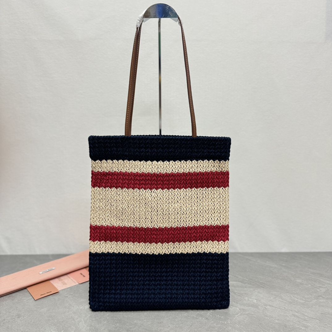 MIU MIU ミュウミュウ ファッショントートバッグ リネン風編み込み ブラック/レッド/ベージュ - 画像 2