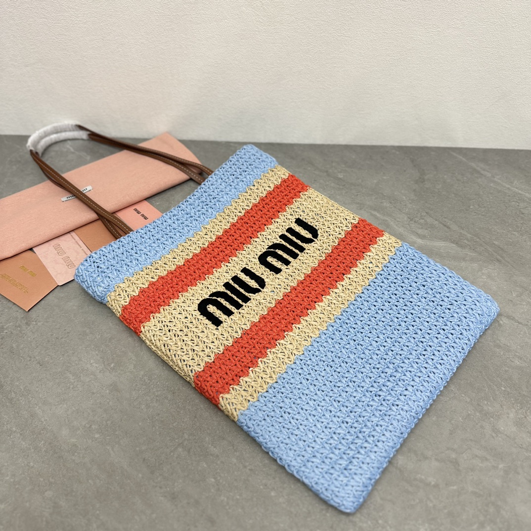 Miu Miu ミュウミュ ミニトートバッグ | バスケット編み | ブルー/オレンジ/ベージュ - 画像 4
