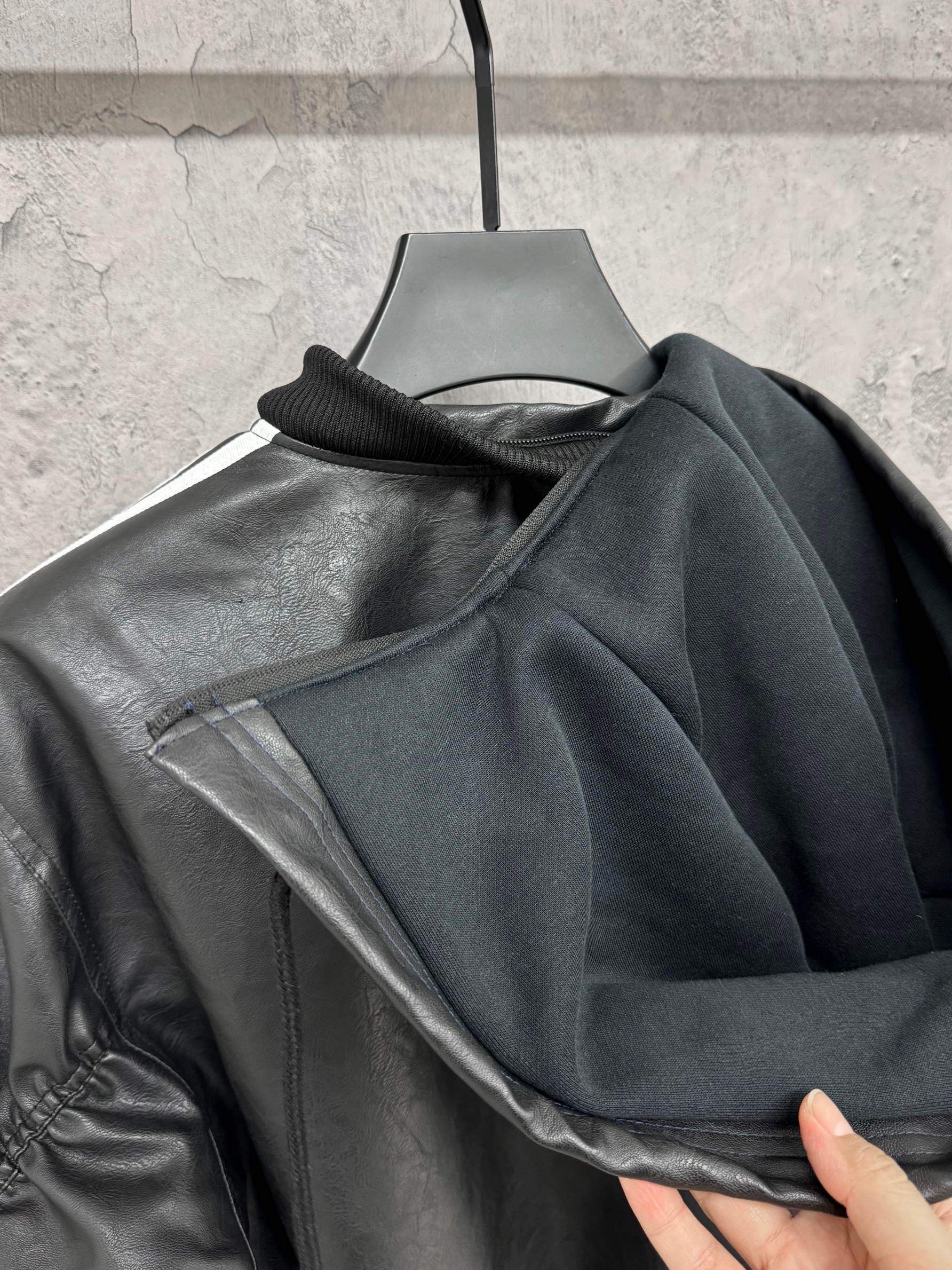 adidas バンブーパーカー フード付き 3本線デザイン 上質レザー風素材 ブラック - 画像 7