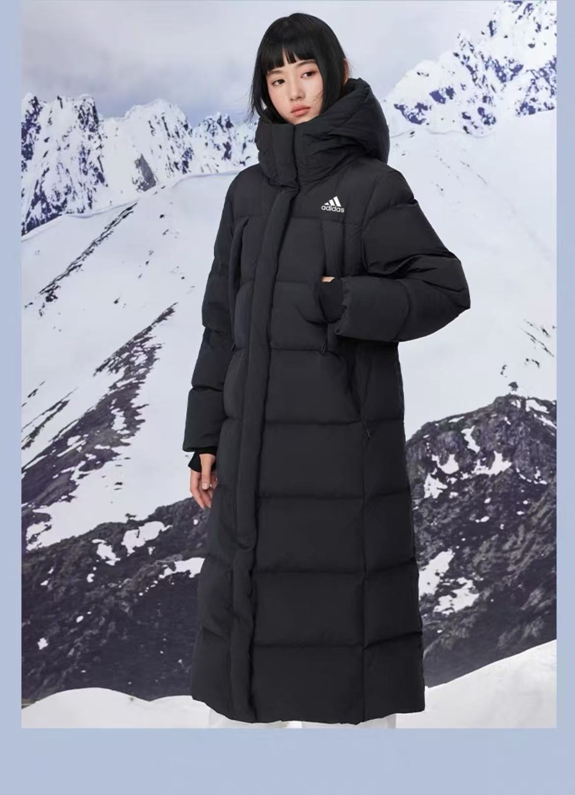 adidas ダウンコート ロング丈 防寒対応 保温性抜群 ブラック ベージュ キャンバス