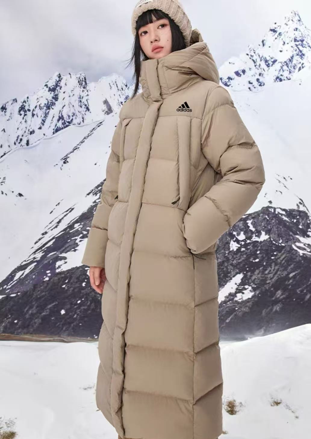 adidas ダウンコート ロング丈 防寒対応 保温性抜群 ブラック ベージュ キャンバス - 画像 2
