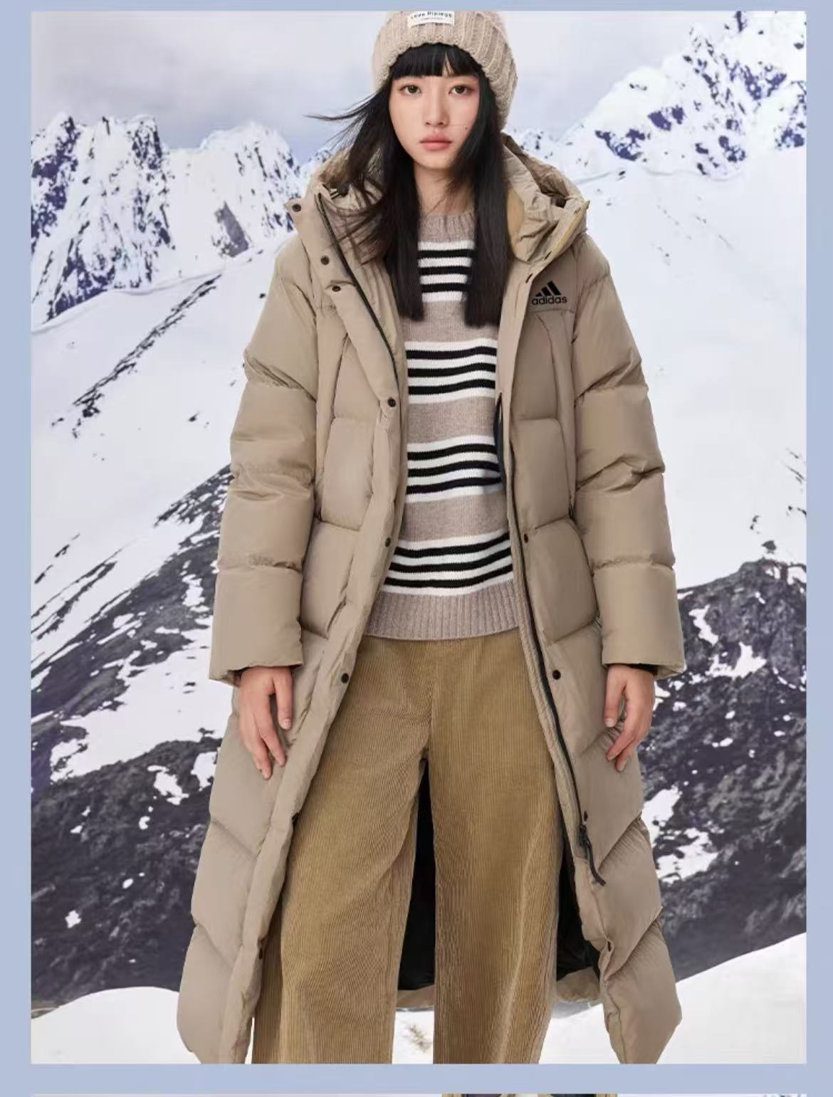 adidas ダウンコート ロング丈 防寒対応 保温性抜群 ブラック ベージュ キャンバス - 画像 4