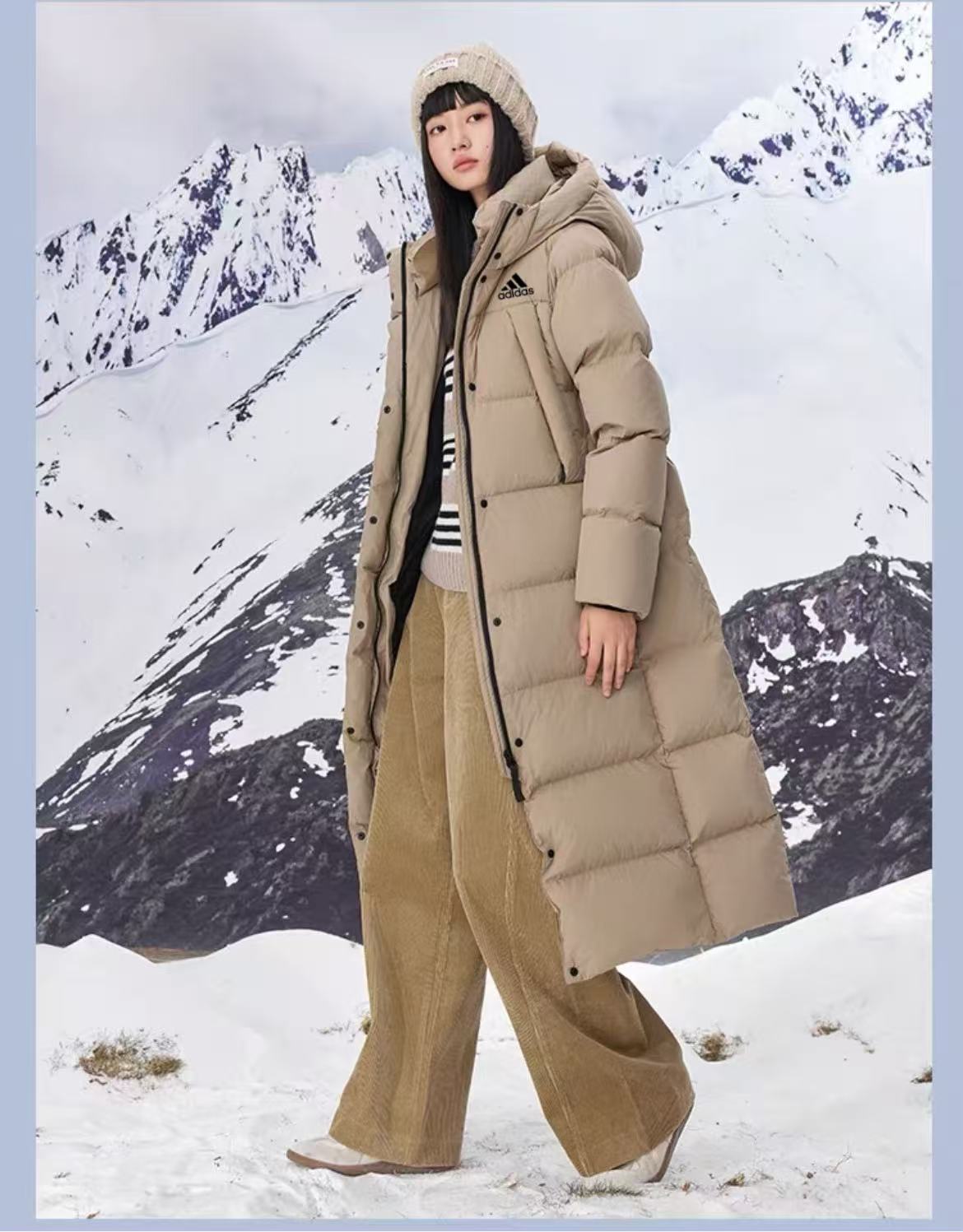 adidas ダウンコート ロング丈 防寒対応 保温性抜群 ブラック ベージュ キャンバス - 画像 5